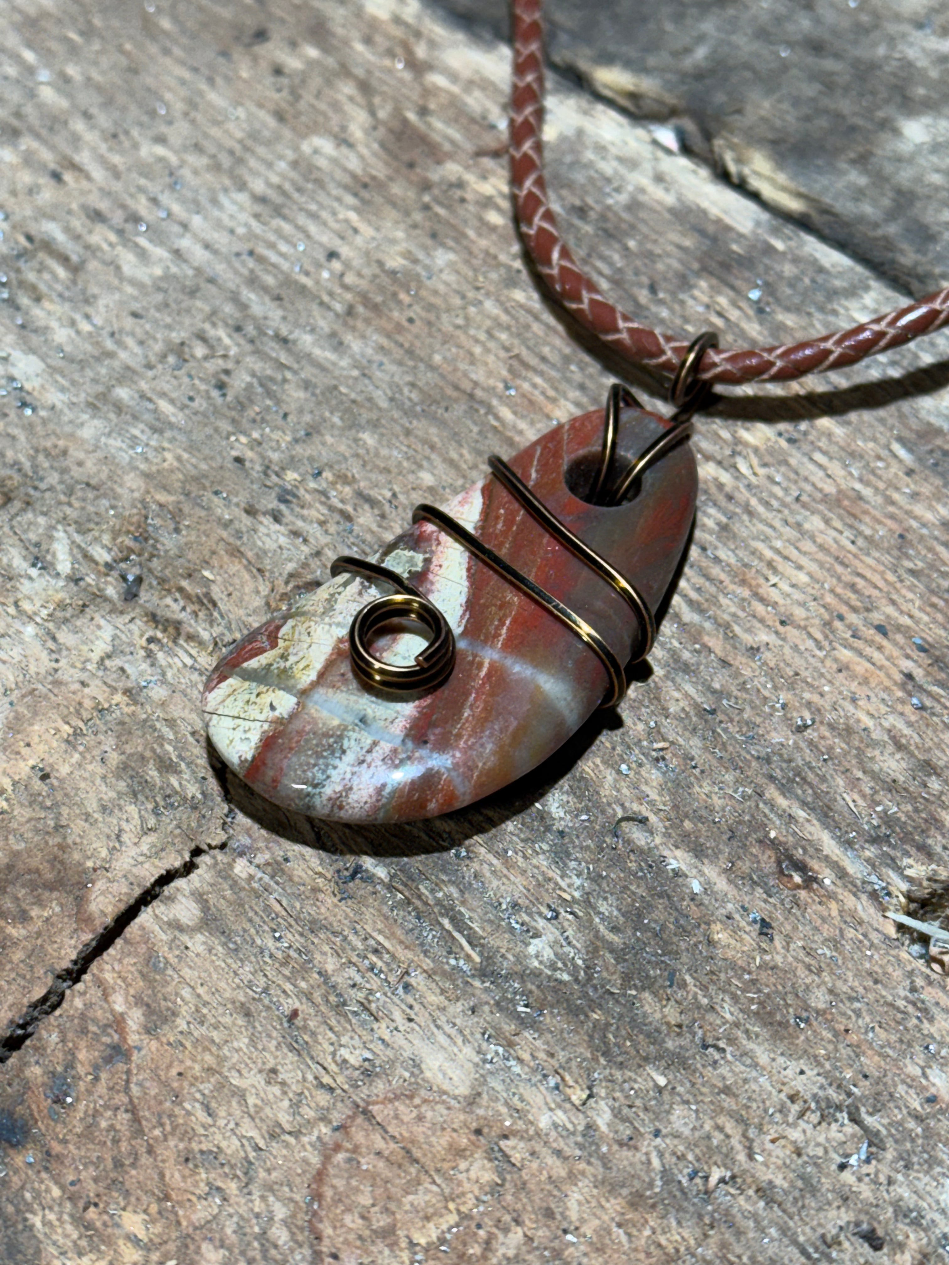 Brown Red and White Wire Wrapped Stone on Brown Leather Necklace
