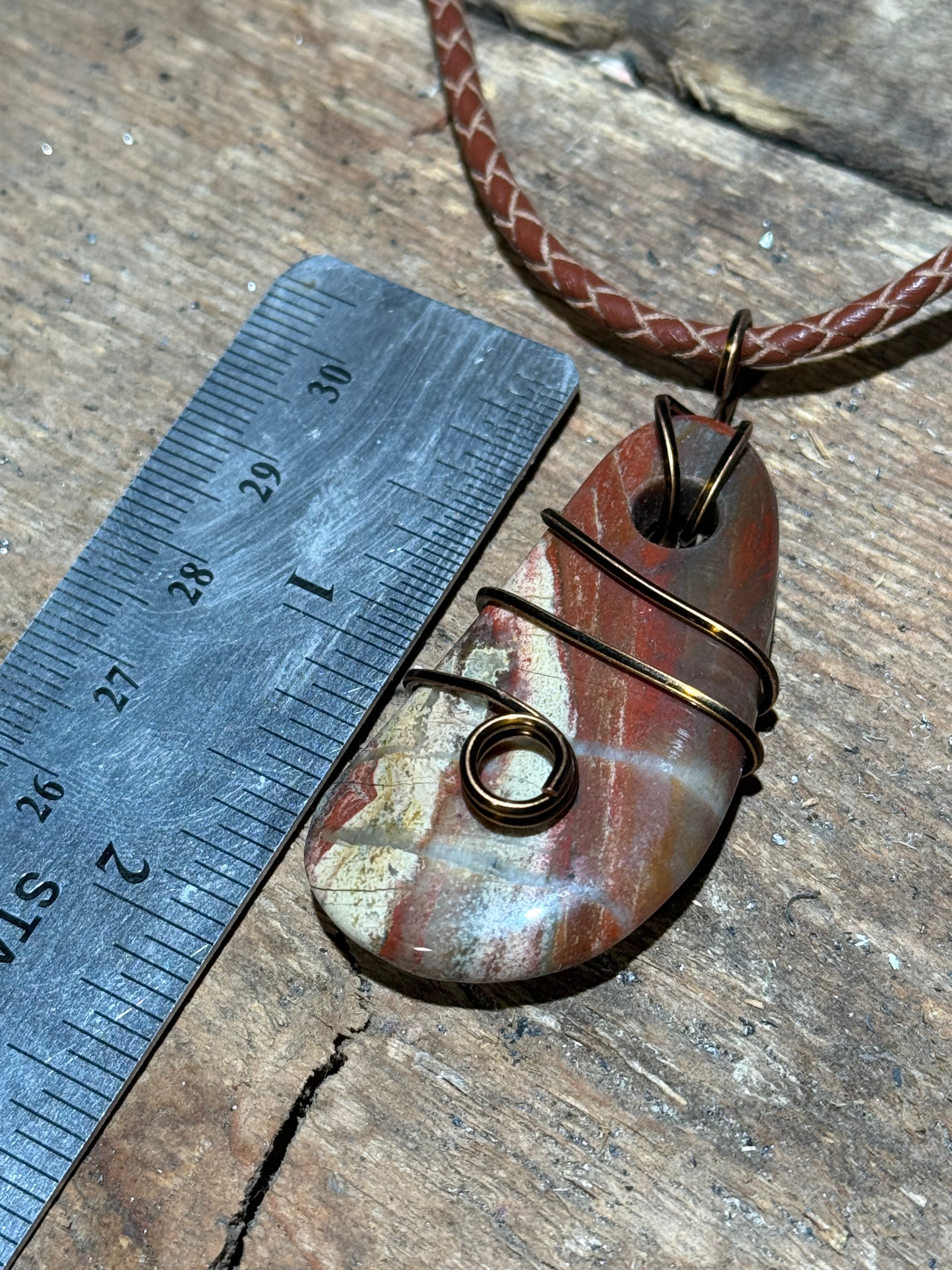 Brown Red and White Wire Wrapped Stone on Brown Leather Necklace