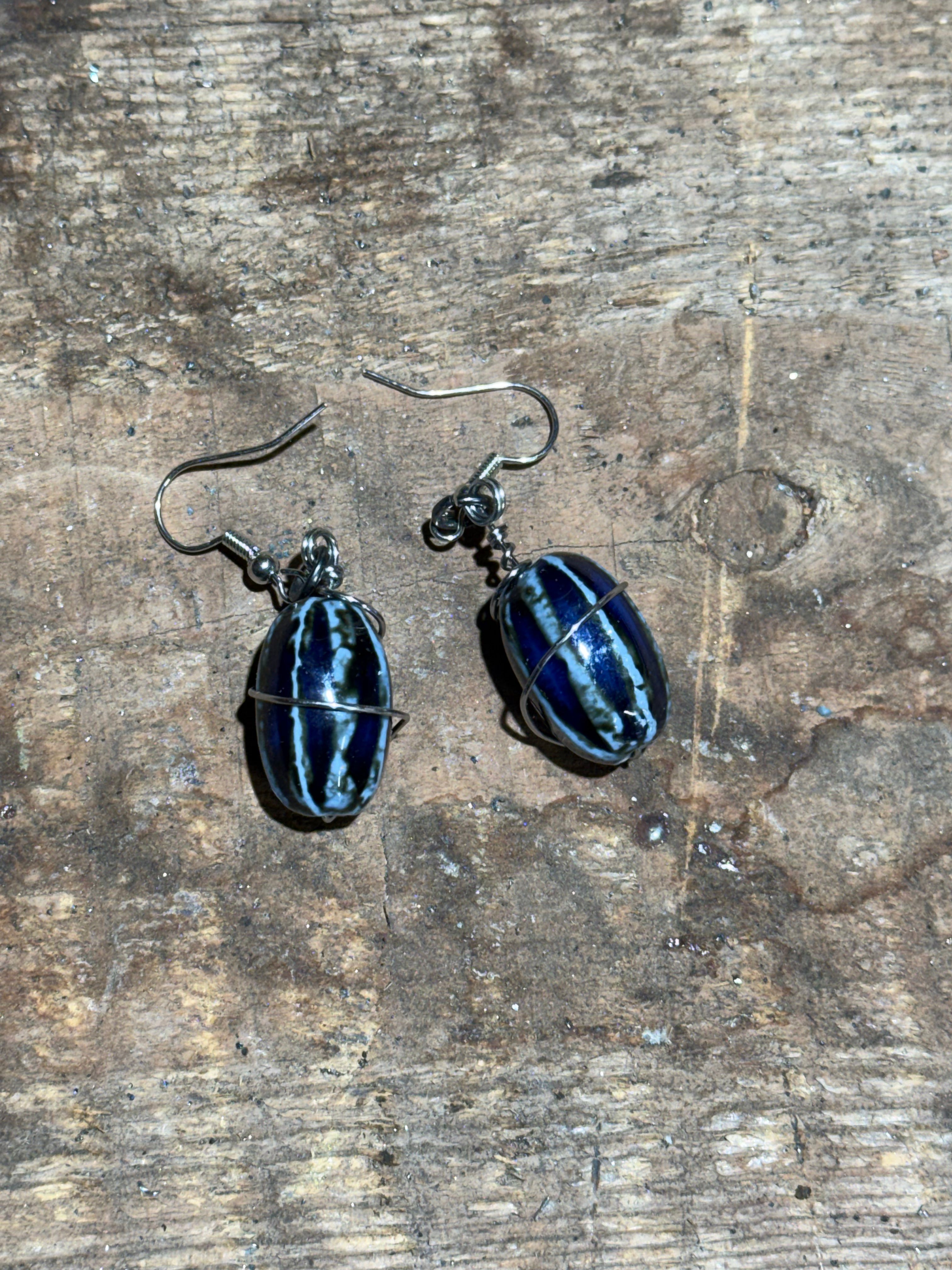 Blue and White Striped Bead Earrings