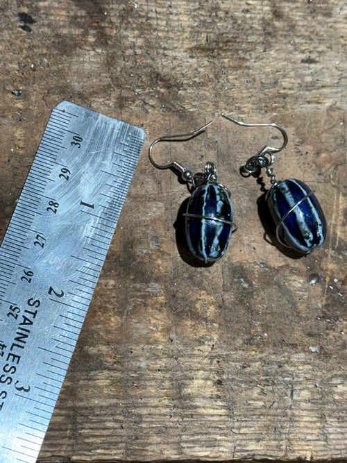Blue and White Striped Bead Earrings