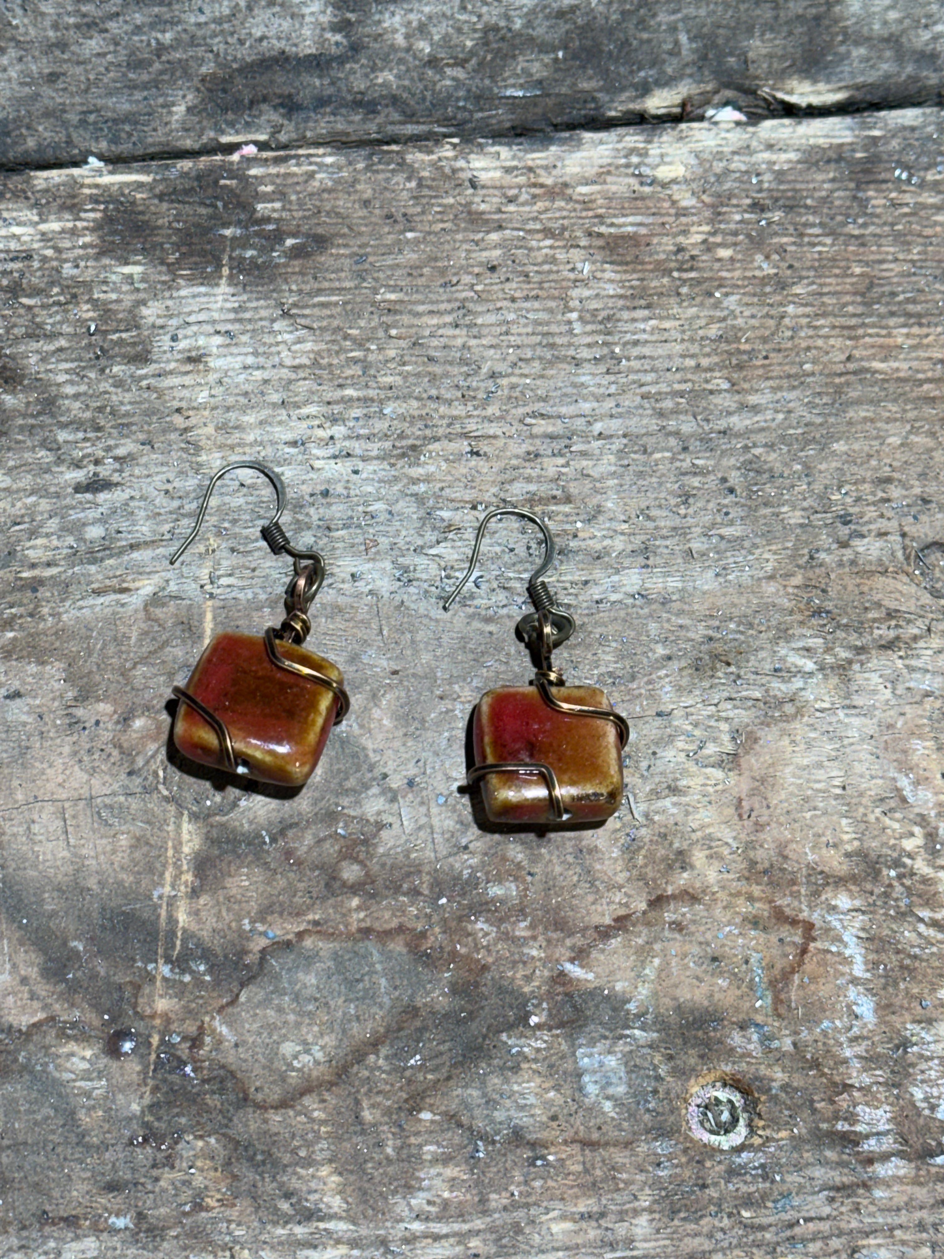 Brown and Red Stone Earrings with Bronze Wire