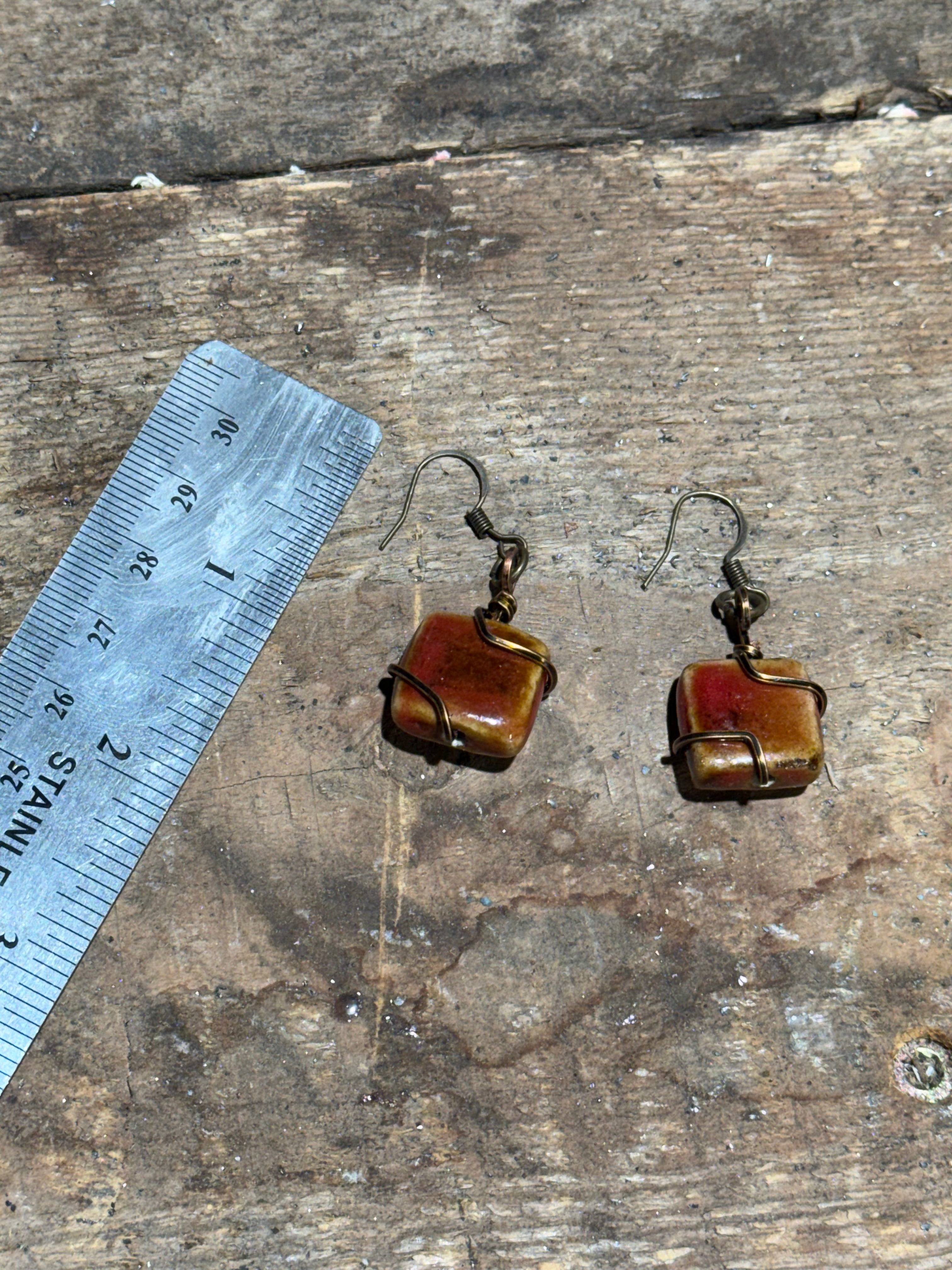 Brown and Red Stone Earrings with Bronze Wire